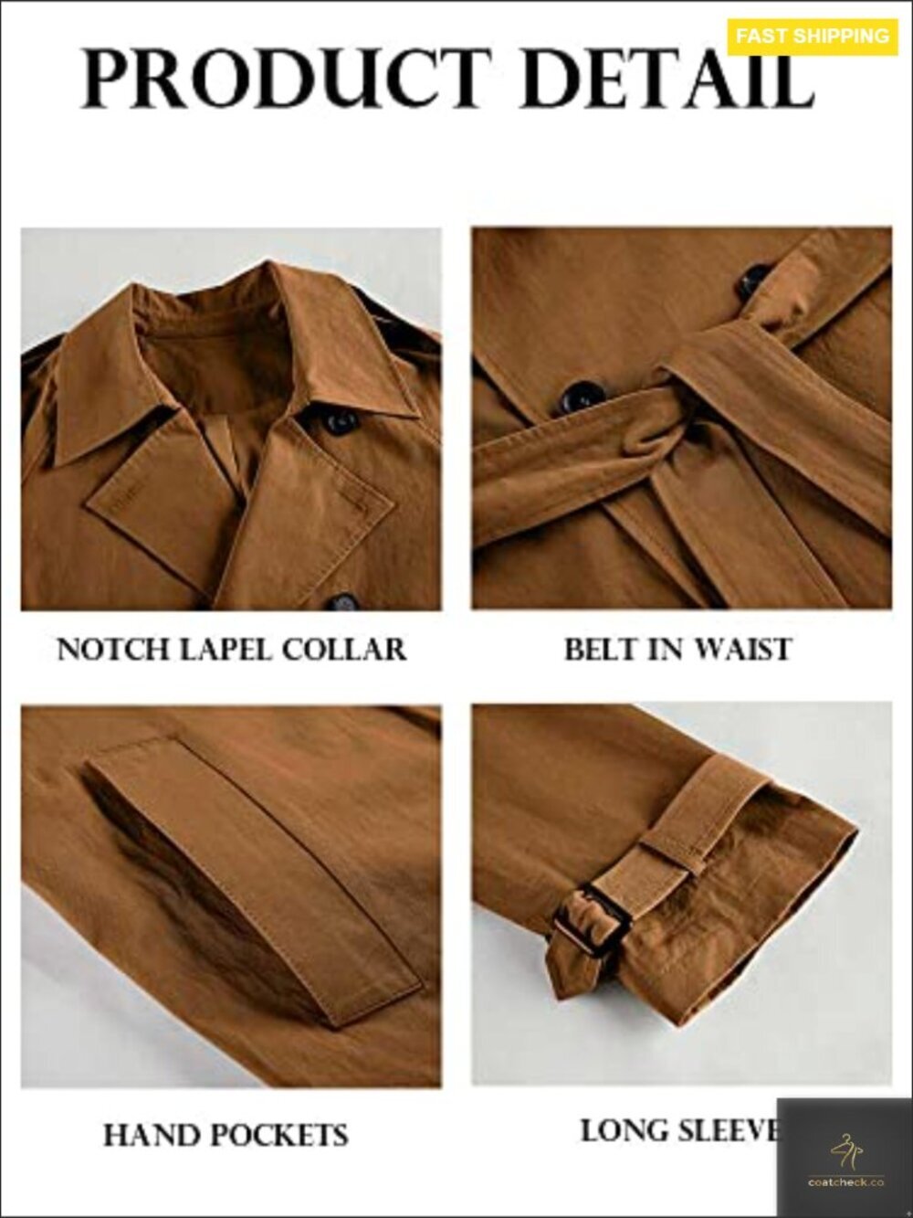 Classic Slim Fit Trench Coat Elegant Windproof Double Breasted Belted Overcoat - Picture 6 of 7